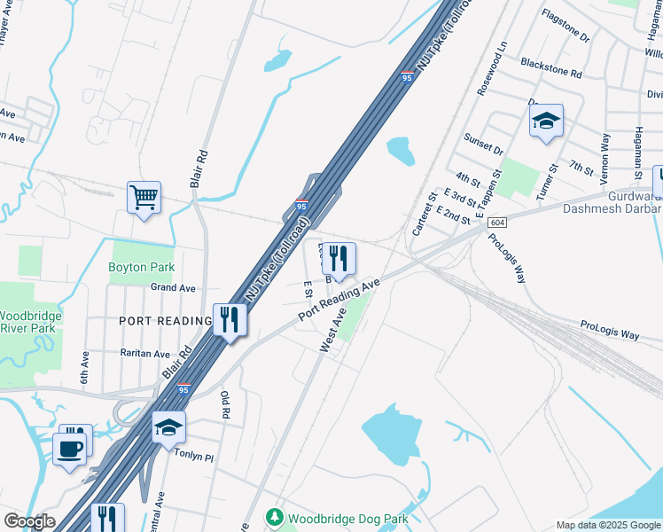 map of restaurants, bars, coffee shops, grocery stores, and more near 35 Lee Street in Woodbridge Township