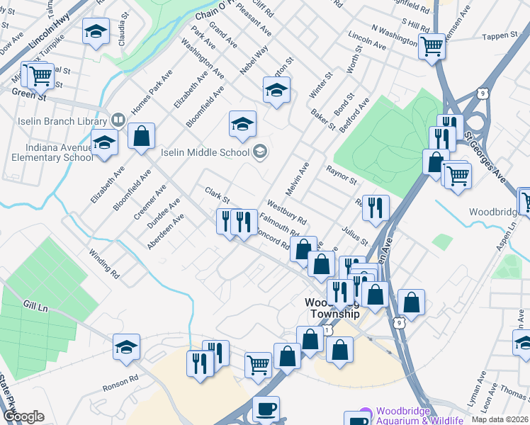 map of restaurants, bars, coffee shops, grocery stores, and more near 23 Westbury Road in Woodbridge Township