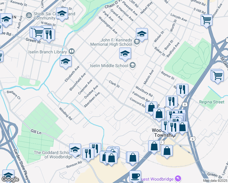 map of restaurants, bars, coffee shops, grocery stores, and more near 31 Nimitz Place in Woodbridge Township