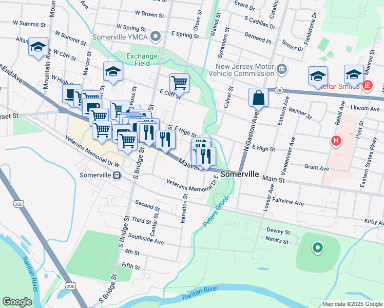 map of restaurants, bars, coffee shops, grocery stores, and more near 17 Park Avenue in Somerville