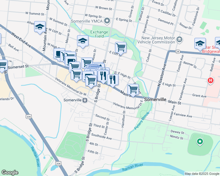 map of restaurants, bars, coffee shops, grocery stores, and more near 46 East Main Street in Somerville