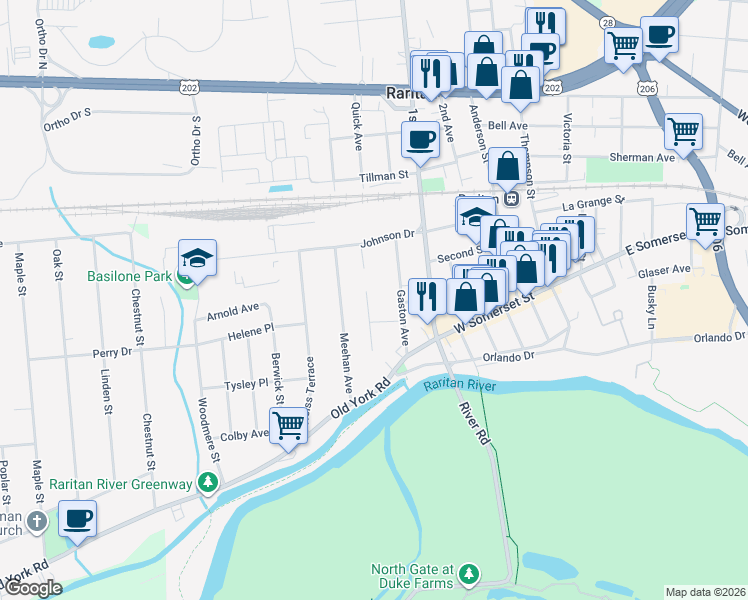 map of restaurants, bars, coffee shops, grocery stores, and more near 136 Valpeck Avenue in Raritan