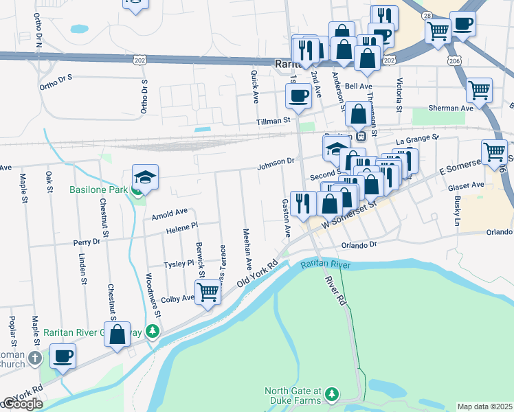 map of restaurants, bars, coffee shops, grocery stores, and more near 60 Meehan Avenue in Raritan