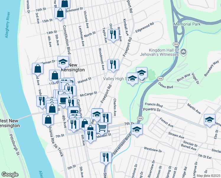 map of restaurants, bars, coffee shops, grocery stores, and more near 312A Freeport Road in New Kensington