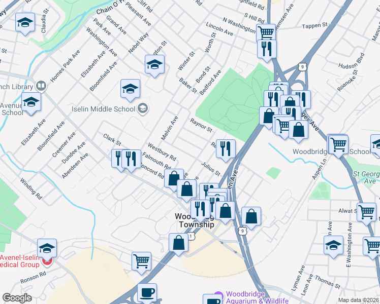 map of restaurants, bars, coffee shops, grocery stores, and more near 206 Julius Street in Woodbridge Township