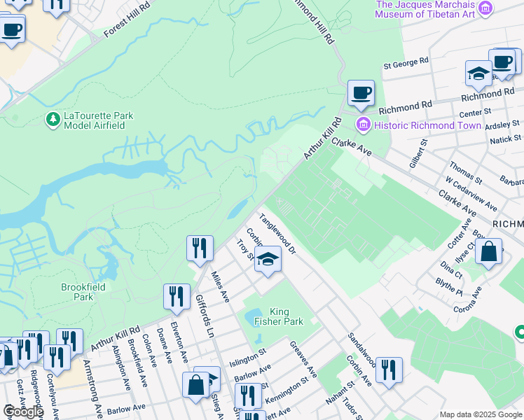 map of restaurants, bars, coffee shops, grocery stores, and more near 7 Tanglewood Drive in Staten Island