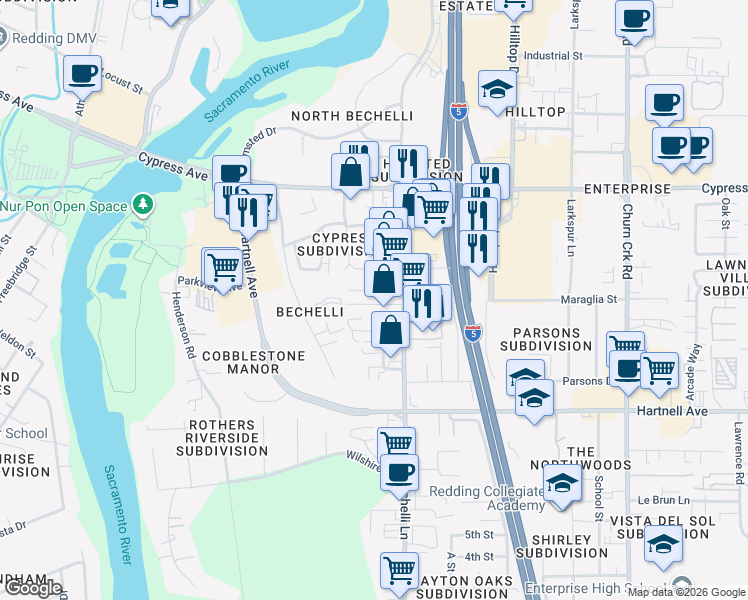 map of restaurants, bars, coffee shops, grocery stores, and more near 434 Beagle Lane in Redding