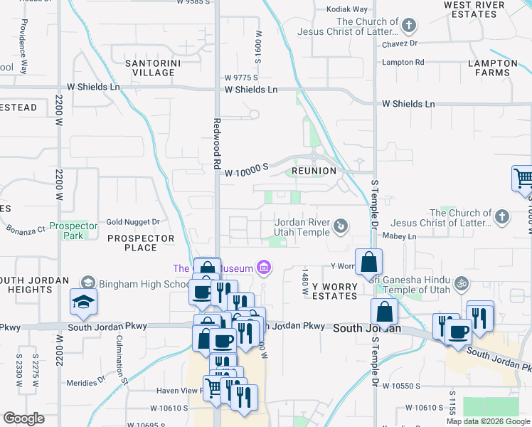 map of restaurants, bars, coffee shops, grocery stores, and more near 1596 West Cornerstone Drive in South Jordan