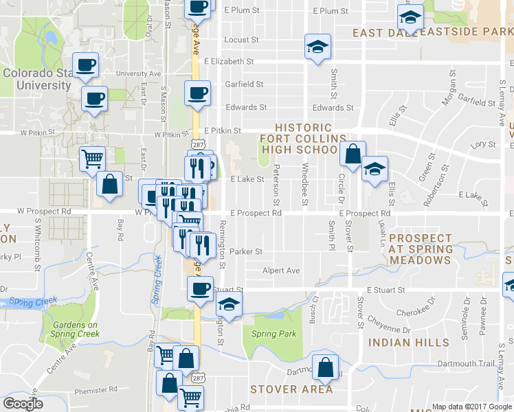 map of restaurants, bars, coffee shops, grocery stores, and more near 1530 Mathews Street in Fort Collins