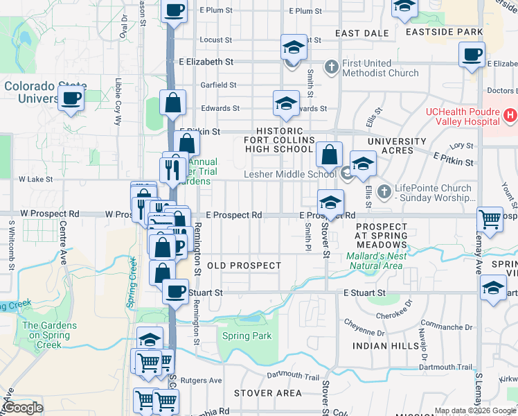 map of restaurants, bars, coffee shops, grocery stores, and more near 1532 Peterson Street in Fort Collins