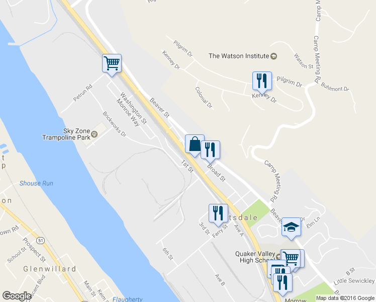 map of restaurants, bars, coffee shops, grocery stores, and more near 1 Ohio River Blvd in Leetsdale