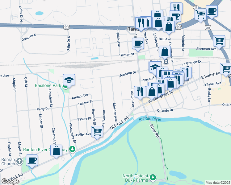 map of restaurants, bars, coffee shops, grocery stores, and more near 60 Meehan Avenue in Raritan