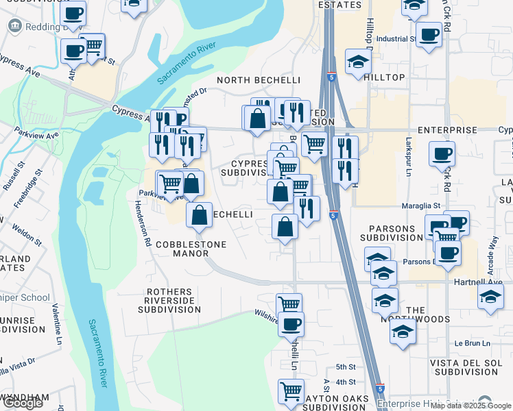 map of restaurants, bars, coffee shops, grocery stores, and more near 370 Beagle Lane in Redding