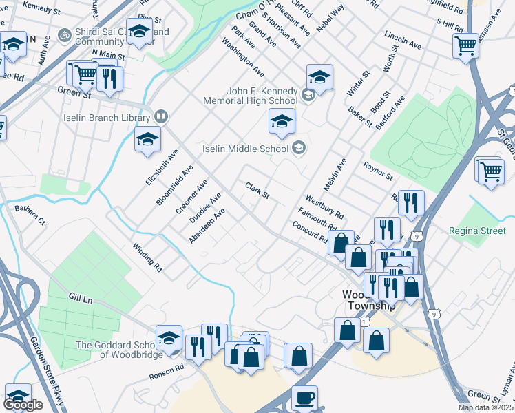 map of restaurants, bars, coffee shops, grocery stores, and more near 31 Nimitz Place in Woodbridge Township