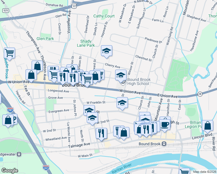 map of restaurants, bars, coffee shops, grocery stores, and more near 153 West Union Avenue in Bound Brook