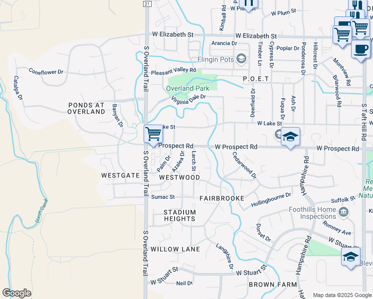 map of restaurants, bars, coffee shops, grocery stores, and more near 1600 Azalea Drive in Fort Collins