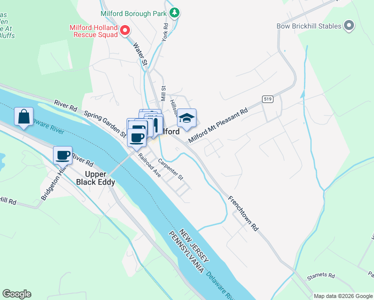 map of restaurants, bars, coffee shops, grocery stores, and more near 68 Frenchtown Road in Milford