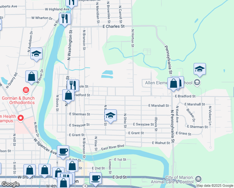 map of restaurants, bars, coffee shops, grocery stores, and more near 533 East Bradford Street in Marion