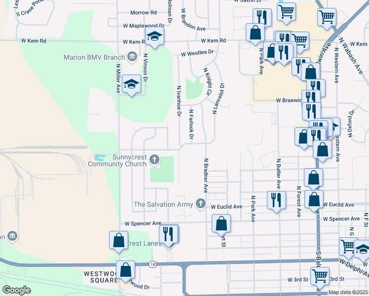 map of restaurants, bars, coffee shops, grocery stores, and more near 1815 West Wenlock Drive in Marion