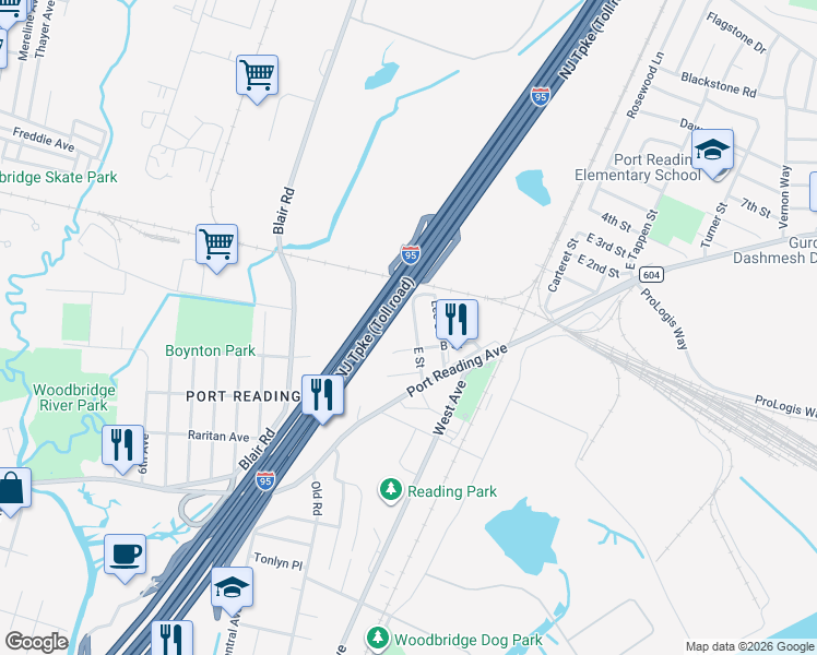 map of restaurants, bars, coffee shops, grocery stores, and more near 41 E Street in Woodbridge Township