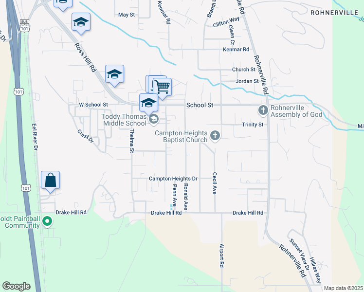 map of restaurants, bars, coffee shops, grocery stores, and more near 1646 Ronald Avenue in Fortuna