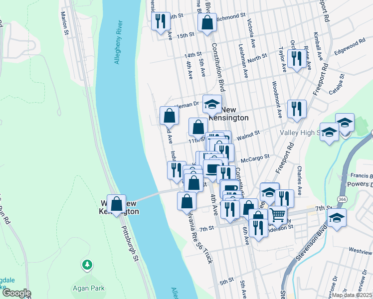 map of restaurants, bars, coffee shops, grocery stores, and more near 1069 3rd Avenue in New Kensington