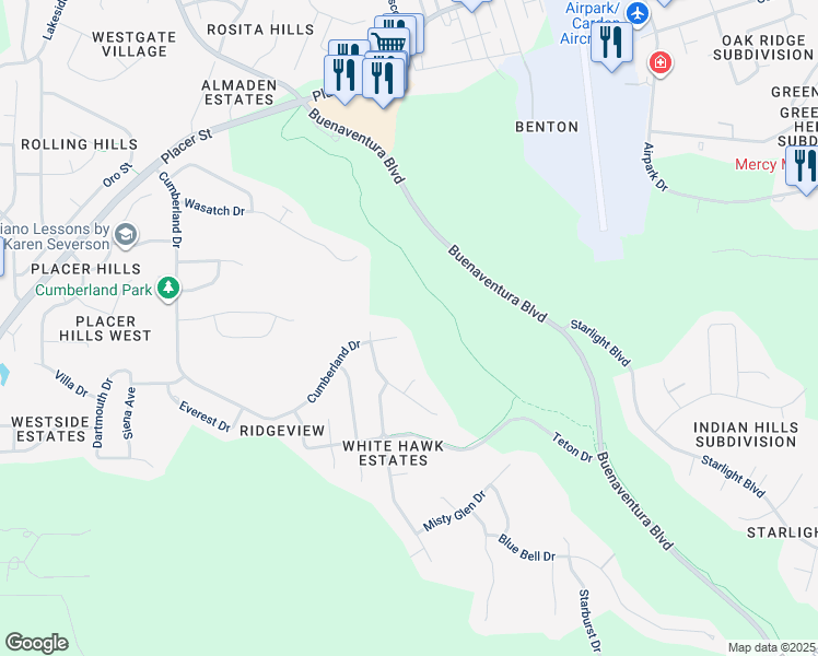 map of restaurants, bars, coffee shops, grocery stores, and more near 2697 Cumberland Drive in Redding