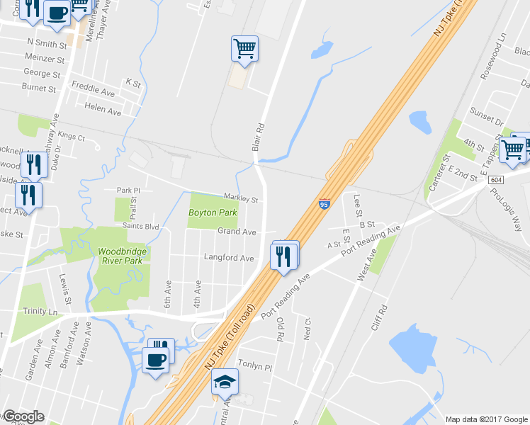 map of restaurants, bars, coffee shops, grocery stores, and more near 133 Blair Road in Woodbridge Township