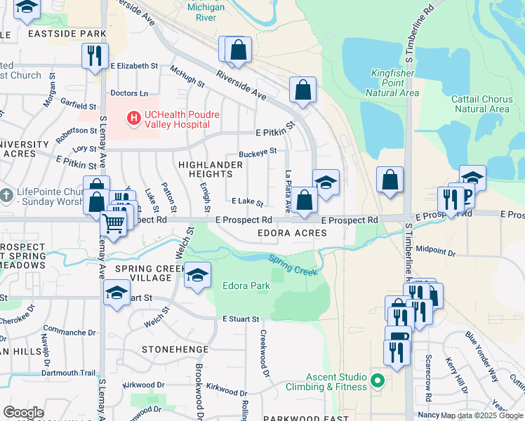 map of restaurants, bars, coffee shops, grocery stores, and more near 1609 East Lake Street in Fort Collins