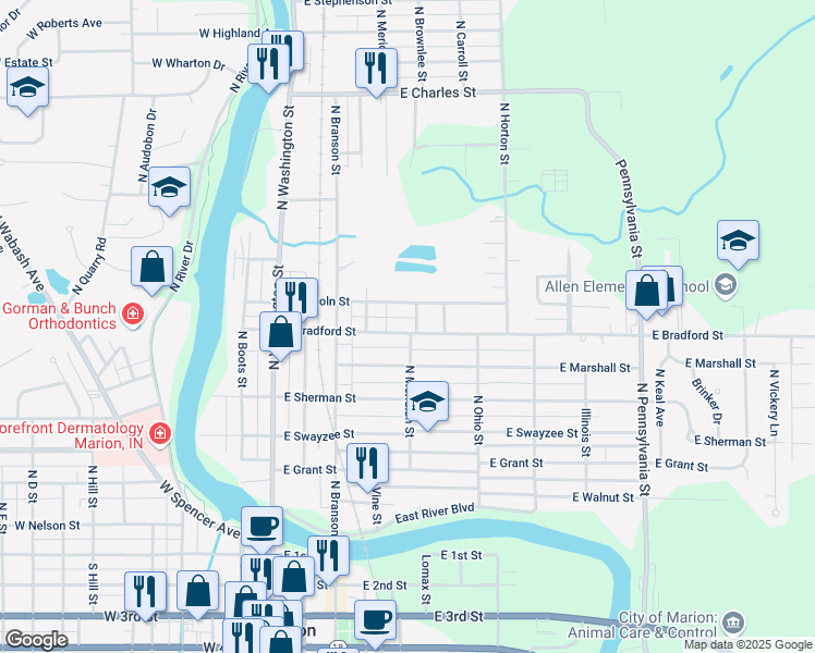 map of restaurants, bars, coffee shops, grocery stores, and more near 429 East Bradford Street in Marion