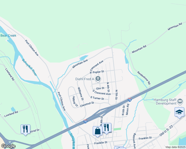 map of restaurants, bars, coffee shops, grocery stores, and more near 713 North Crescent Avenue in Hamburg