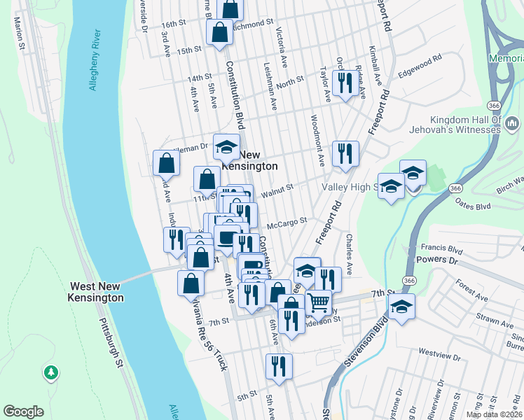 map of restaurants, bars, coffee shops, grocery stores, and more near 1078 Constitution Boulevard in New Kensington
