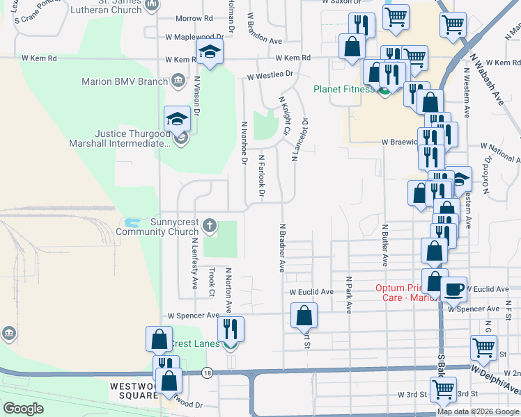 map of restaurants, bars, coffee shops, grocery stores, and more near 1815 West Wenlock Drive in Marion