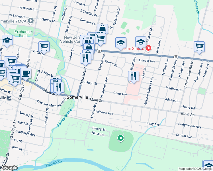 map of restaurants, bars, coffee shops, grocery stores, and more near 60 Vanderveer Avenue in Somerville