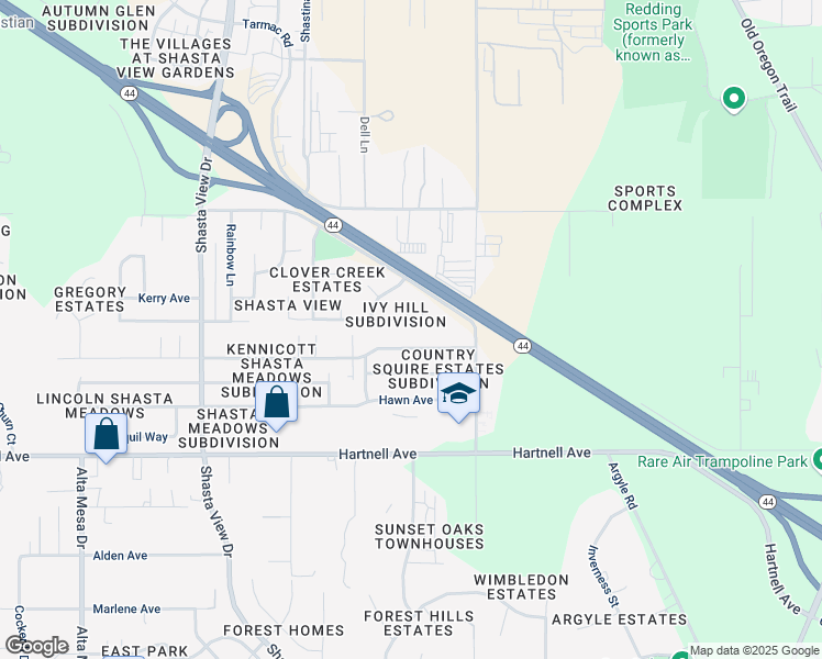 map of restaurants, bars, coffee shops, grocery stores, and more near 2883 Camulos Way in Redding