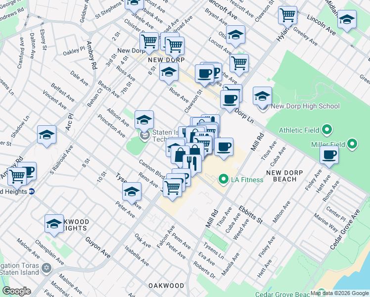 map of restaurants, bars, coffee shops, grocery stores, and more near 119 Lindbergh Avenue in Staten Island