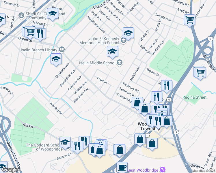 map of restaurants, bars, coffee shops, grocery stores, and more near 31 Nimitz Place in Woodbridge Township