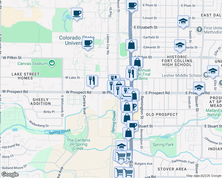 map of restaurants, bars, coffee shops, grocery stores, and more near in Fort Collins