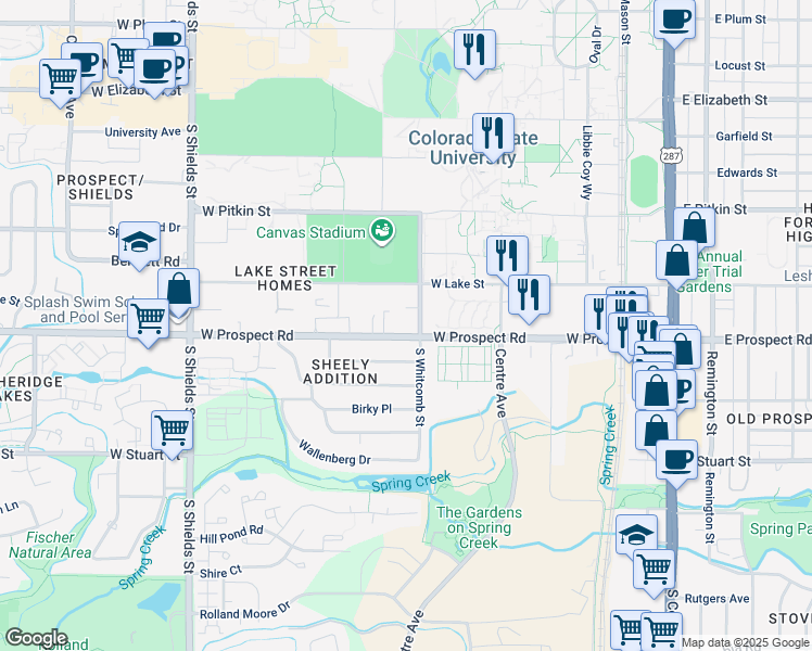 map of restaurants, bars, coffee shops, grocery stores, and more near 600 West Prospect Road in Fort Collins