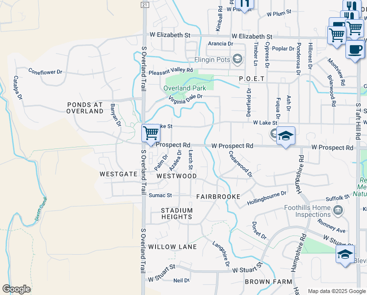 map of restaurants, bars, coffee shops, grocery stores, and more near 1600 Azalea Drive in Fort Collins