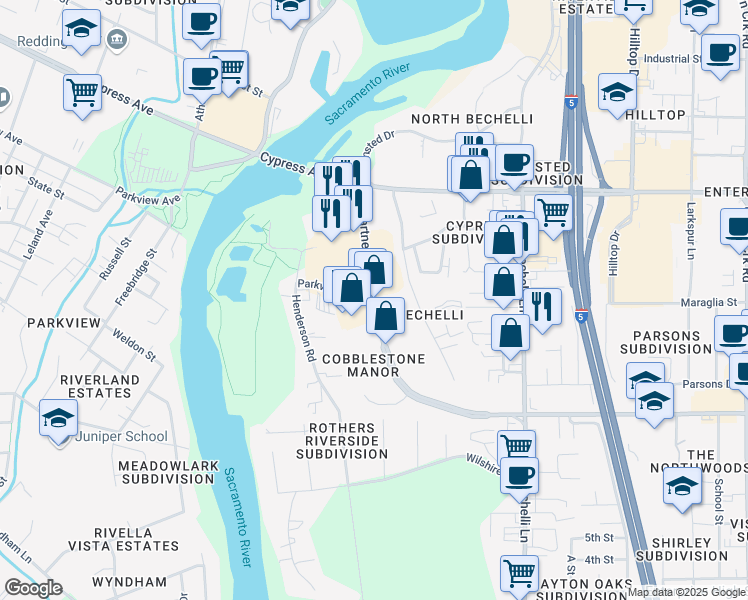 map of restaurants, bars, coffee shops, grocery stores, and more near 201 Hartnell Avenue in Redding