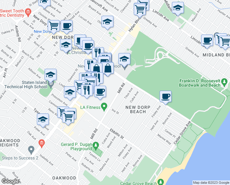 map of restaurants, bars, coffee shops, grocery stores, and more near 17 Windmill Court in Staten Island