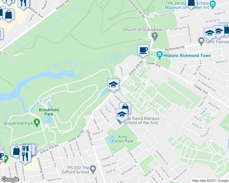 map of restaurants, bars, coffee shops, grocery stores, and more near 7 Tanglewood Drive in Staten Island