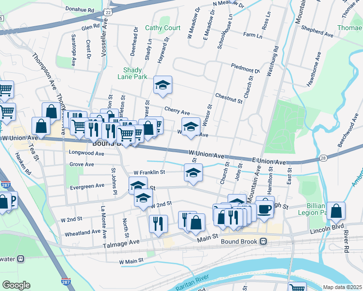 map of restaurants, bars, coffee shops, grocery stores, and more near in Bound Brook