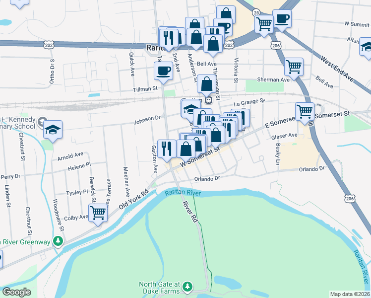 map of restaurants, bars, coffee shops, grocery stores, and more near 30 1st Street in Raritan