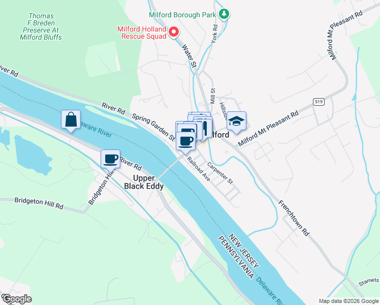 map of restaurants, bars, coffee shops, grocery stores, and more near 16 Carpenter Street in Milford