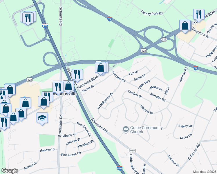 map of restaurants, bars, coffee shops, grocery stores, and more near 4509 North Hedgerow Drive in Allentown
