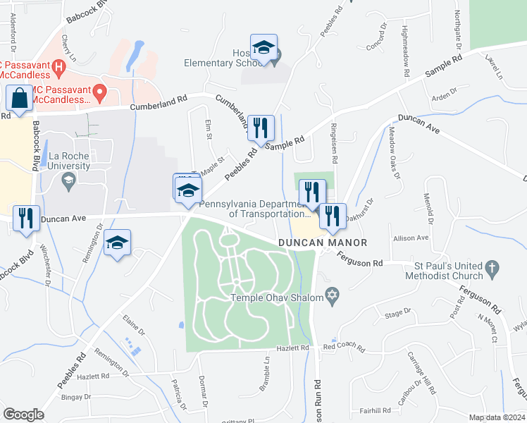map of restaurants, bars, coffee shops, grocery stores, and more near 8854 Royal Manor Drive in McCandless