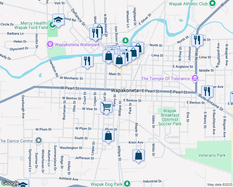 map of restaurants, bars, coffee shops, grocery stores, and more near 309 Perry Street in Wapakoneta