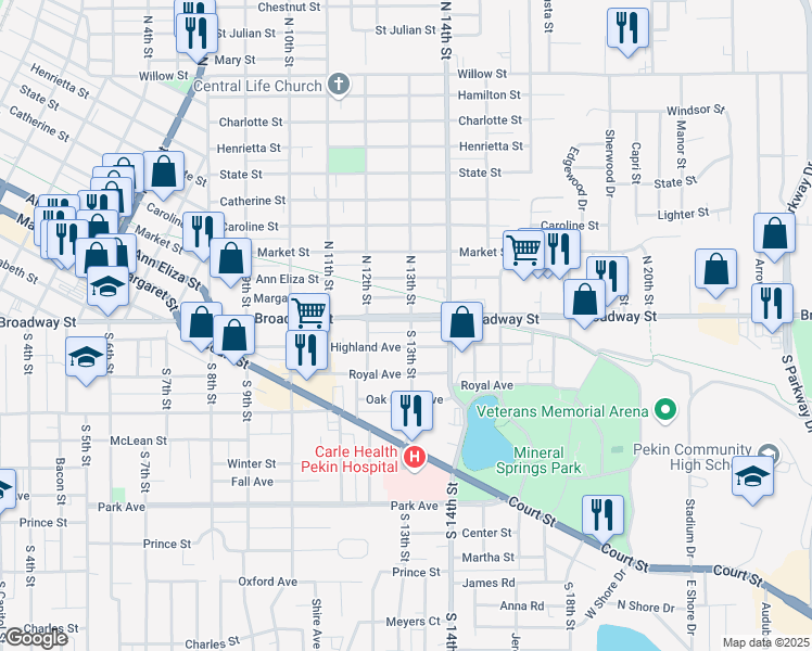 map of restaurants, bars, coffee shops, grocery stores, and more near 1304 Broadway Street in Pekin